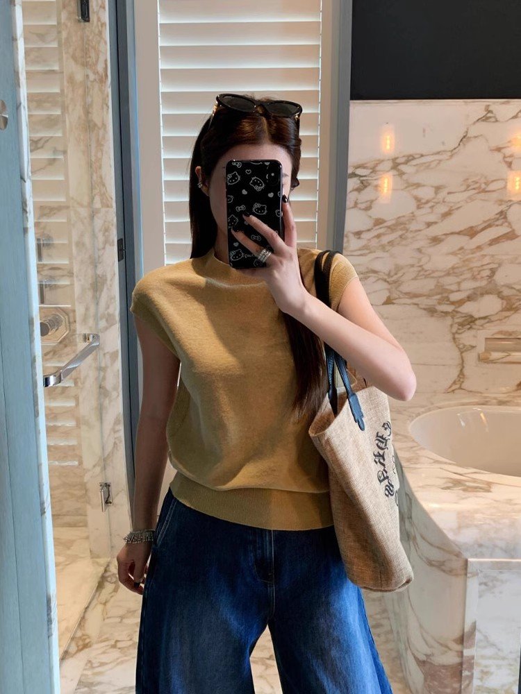 韩系杏色短款飞飞袖短袖针织t恤小个子修身