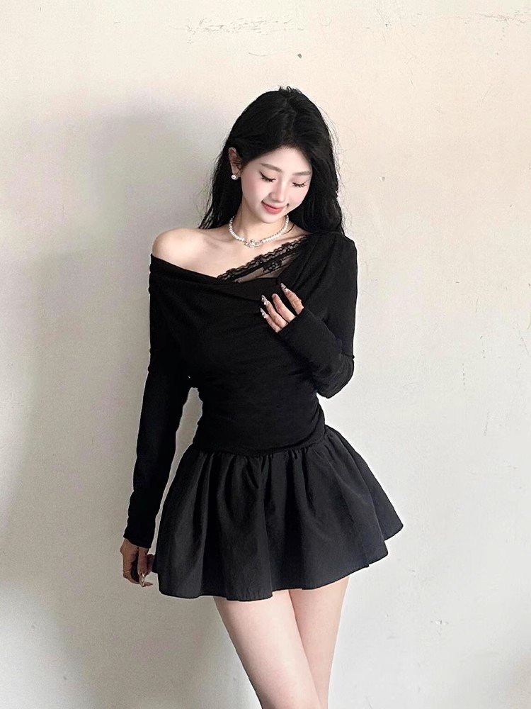 辣妹黑色蕾丝斜肩长袖连衣裙女春秋小个子修