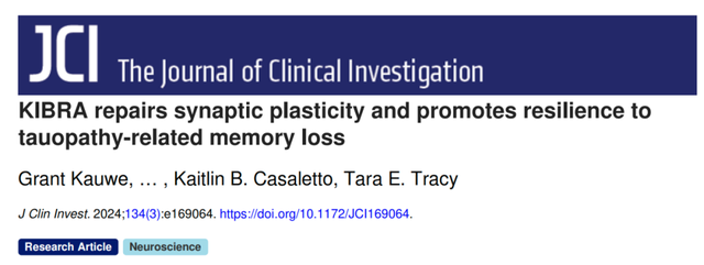 JCI：科学家发现，不改变tau病理，也可修复突触可塑性，改善痴呆相关记忆缺陷