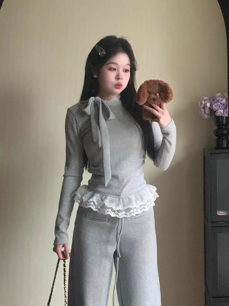 韩系穿搭蝴蝶结针织衫上衣女春秋季单穿内搭