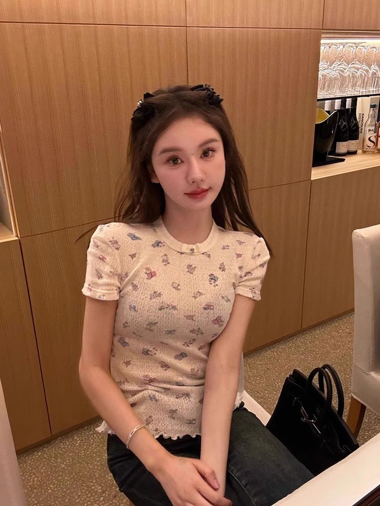 韩系白色碎花圆领正肩短袖t恤女春秋木耳边