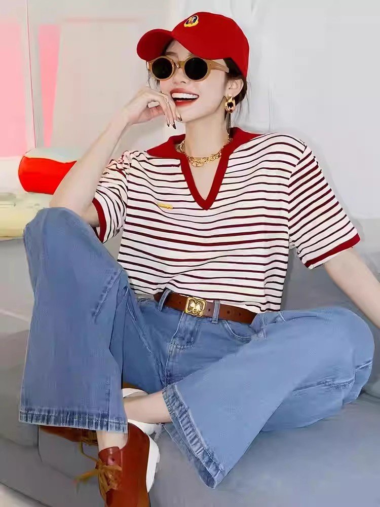美式复古红色条纹v领正肩短袖t恤女夏季小
