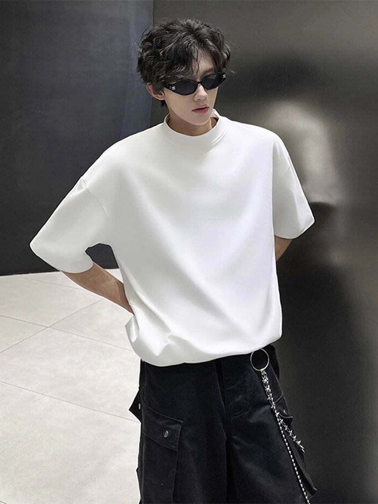 白色半高领短袖男款美式痞帅高级感t恤cl