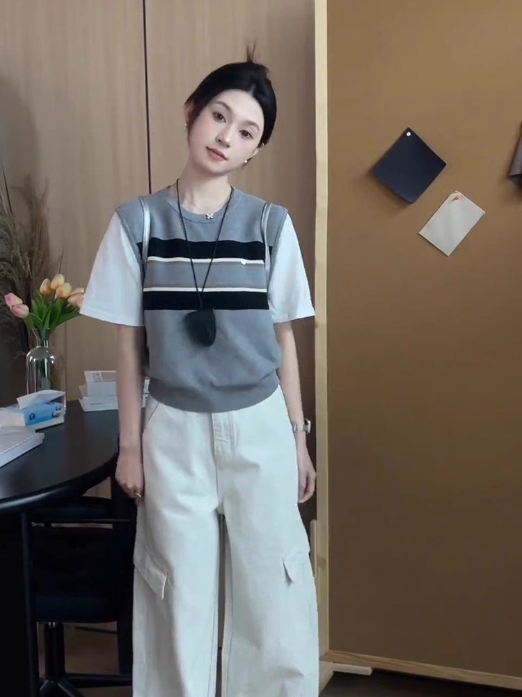 灰色条纹假两件冰丝针织短袖t恤女夏季小个