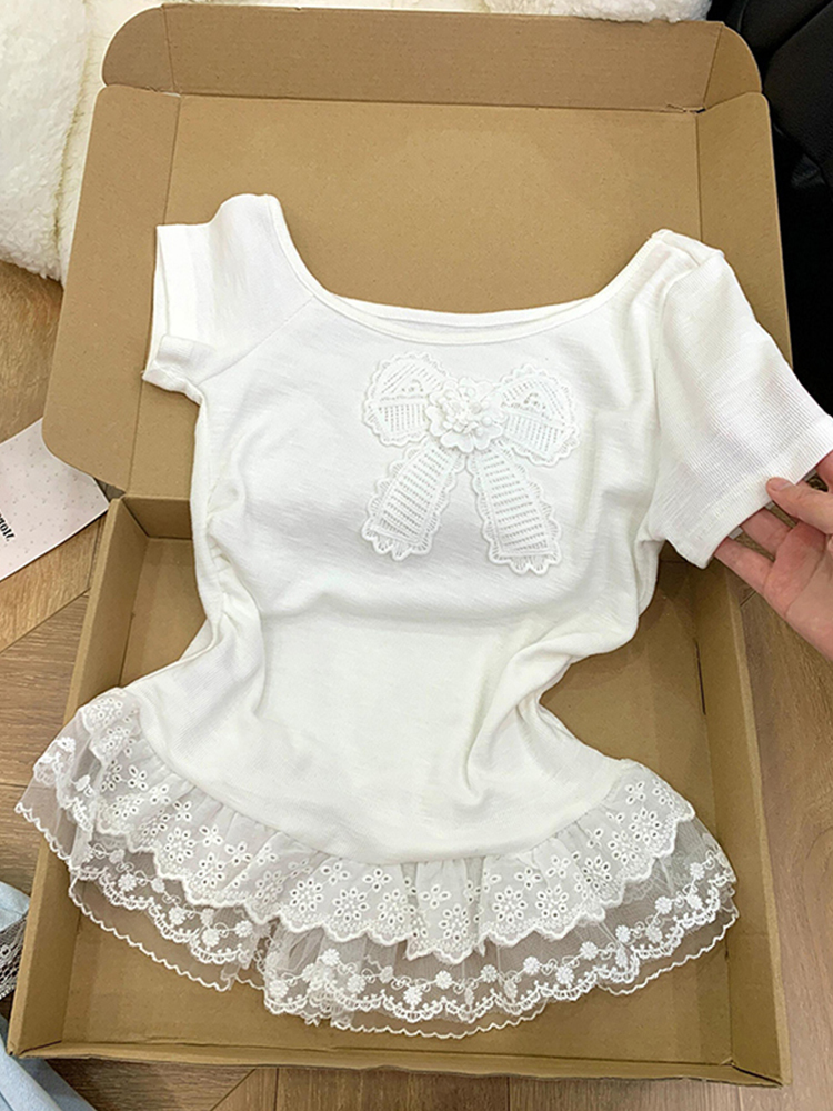 单穿上衣小众不撞款蕾丝荷叶边拼接白色t恤