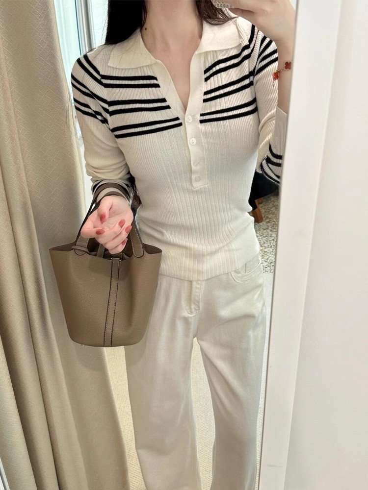 韩系白色条纹polo领长袖针织t恤女春秋