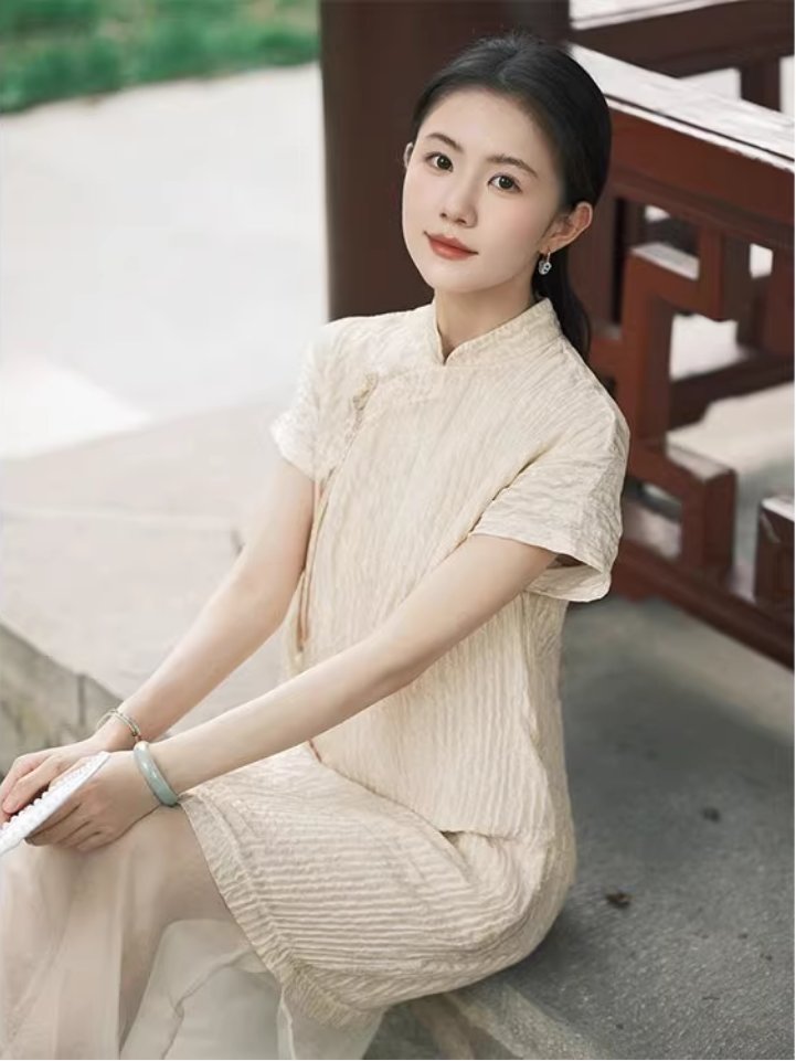 puretea茶愫中式旗袍领连衣裙