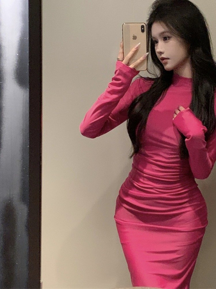 纯欲风辣妹玫红色长袖连衣裙女