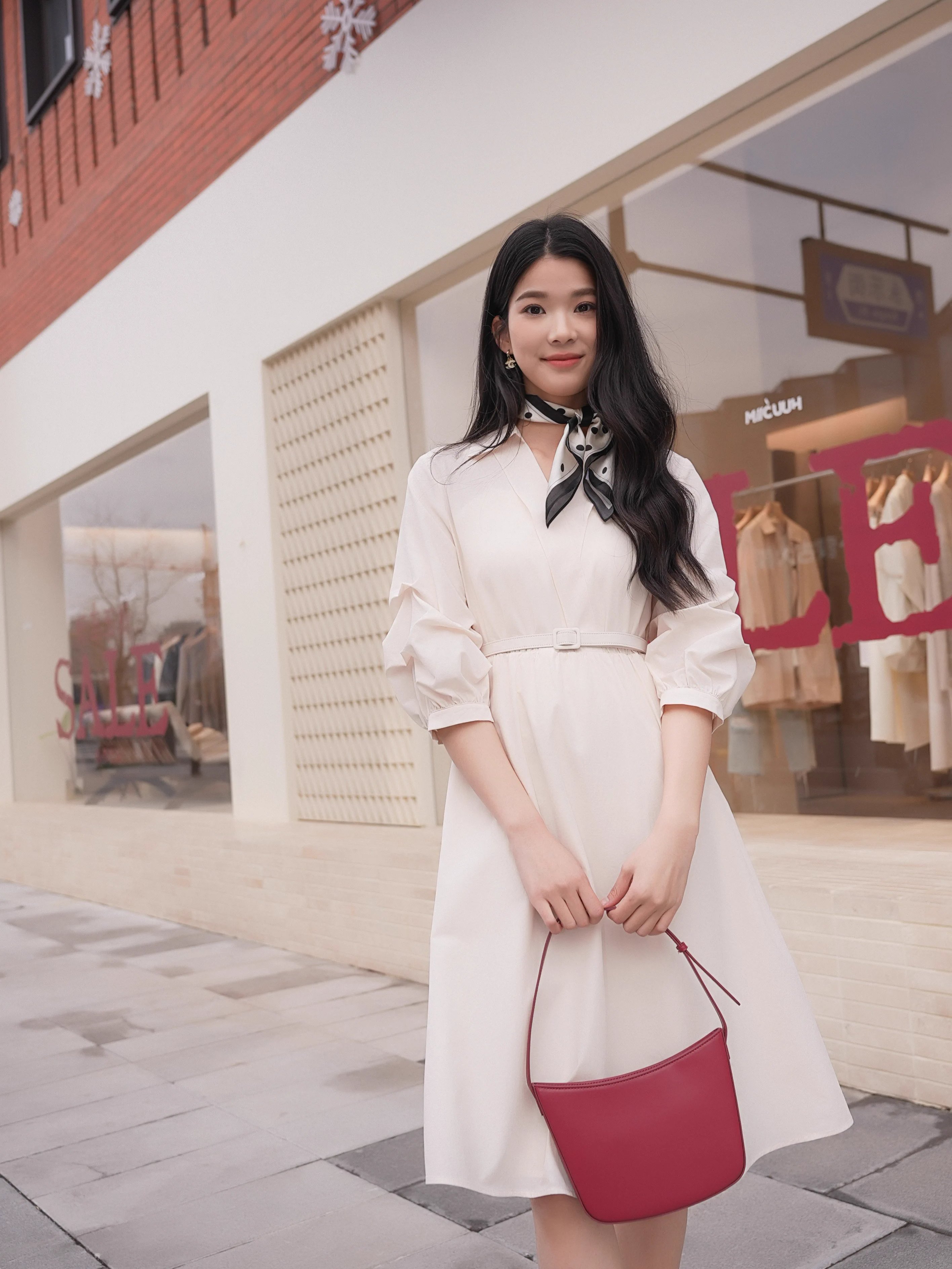 衣香丽影米色收腰翻领连衣裙女2025年春