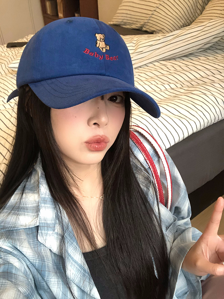 新款百搭可爱小熊刺绣蓝色棒球帽