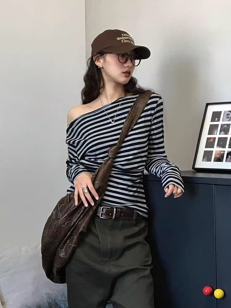 美式辣妹灰色条纹斜肩长袖t恤女内搭春秋修