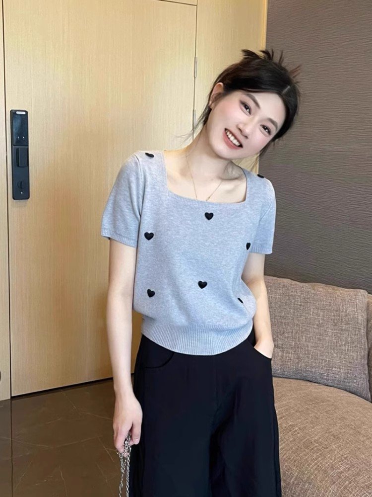 韩系灰色爱心方领短袖正肩t恤女夏季小个子
