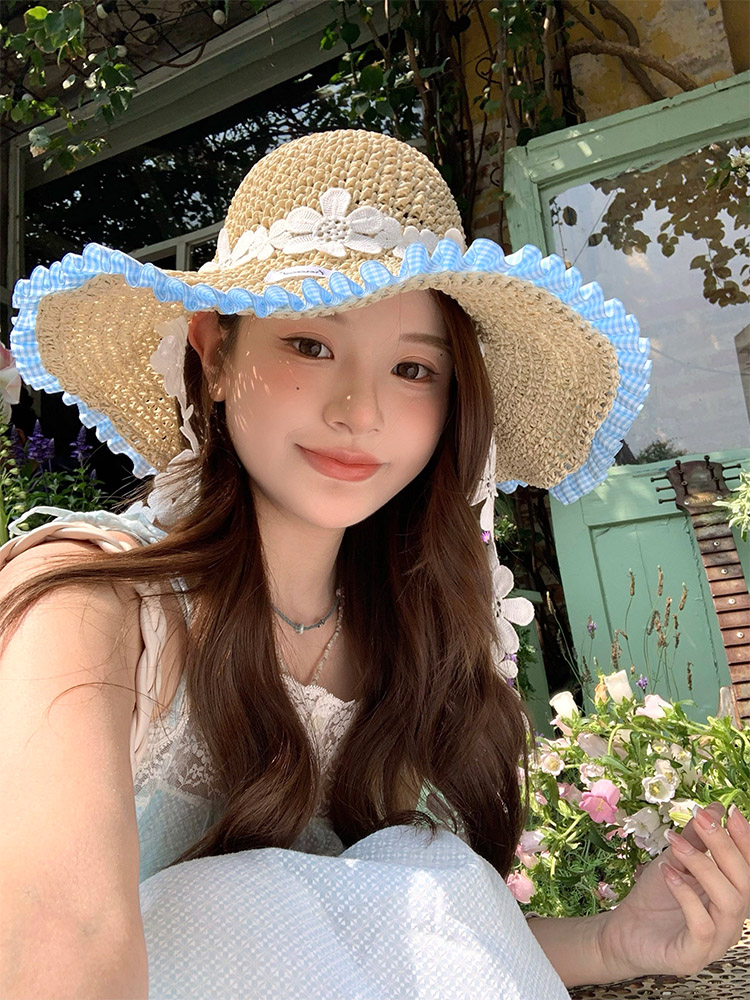 夏季新款海边度假遮阳甜美花朵编织镂空草帽