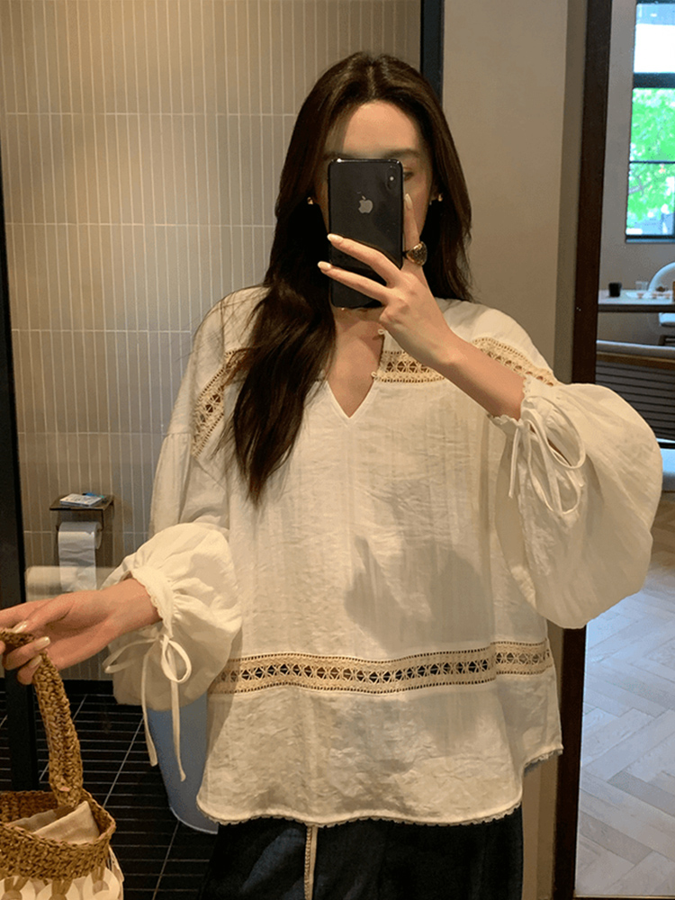 减龄洋气白色蕾丝拼接亚麻防晒衬衫薄款女