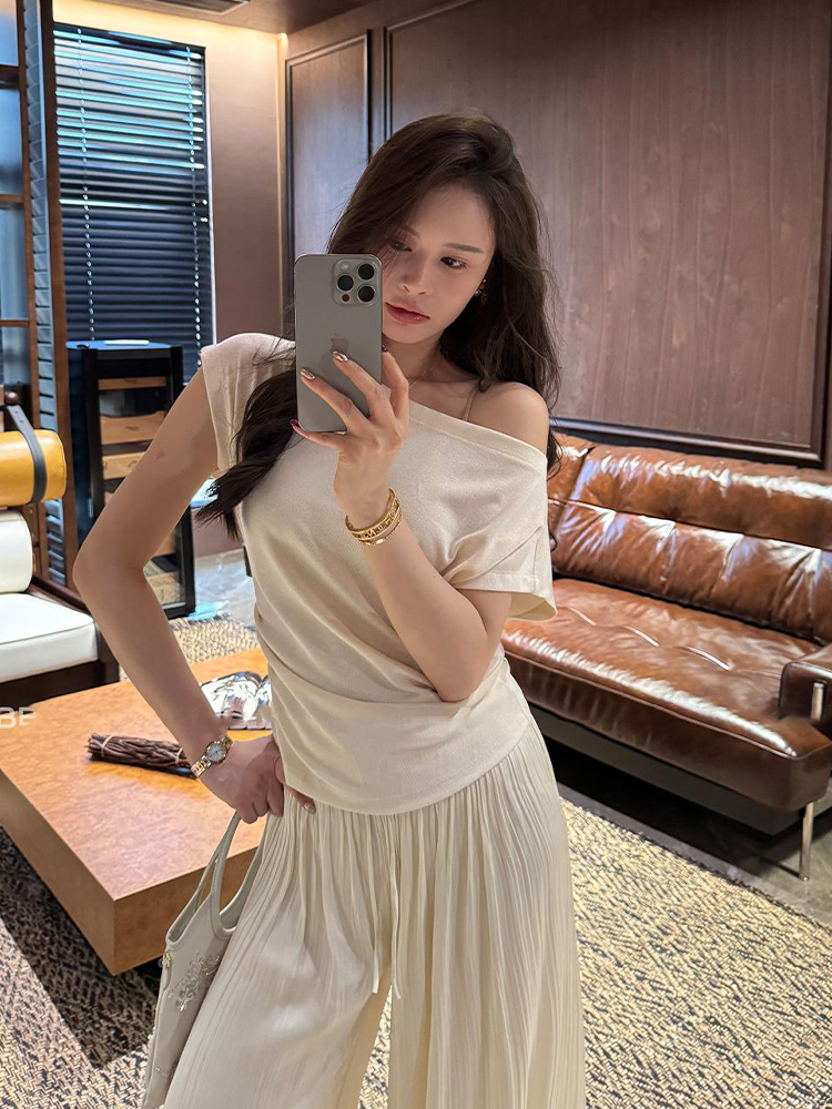 不撞款上衣设计感斜肩领白色掐腰短袖t恤女