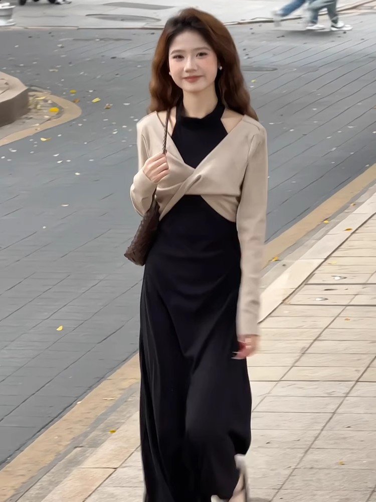韩系黑色无袖挂脖连衣裙女夏季小个子修身收