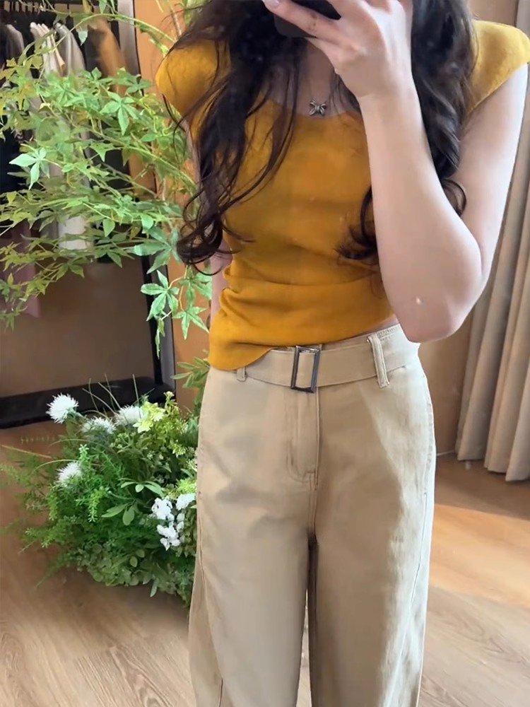 法式黄色飞飞袖针织冰丝正肩短袖t恤女夏小