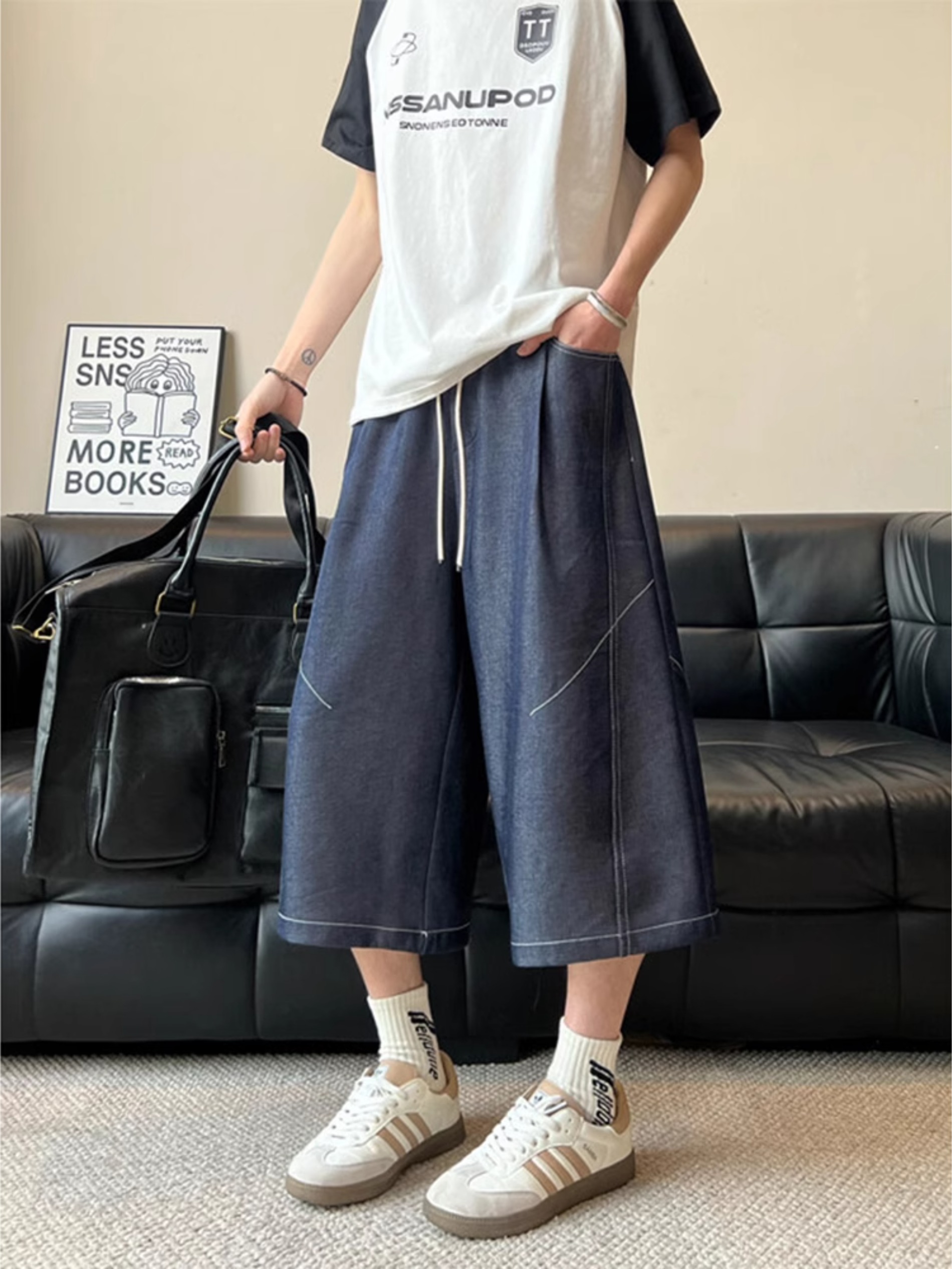 深蓝色冰丝牛仔短裤男款夏季天丝凉感阔腿裤