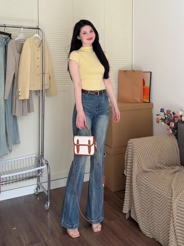 辣妹黄色半高领正肩短袖t恤女夏季小个子修