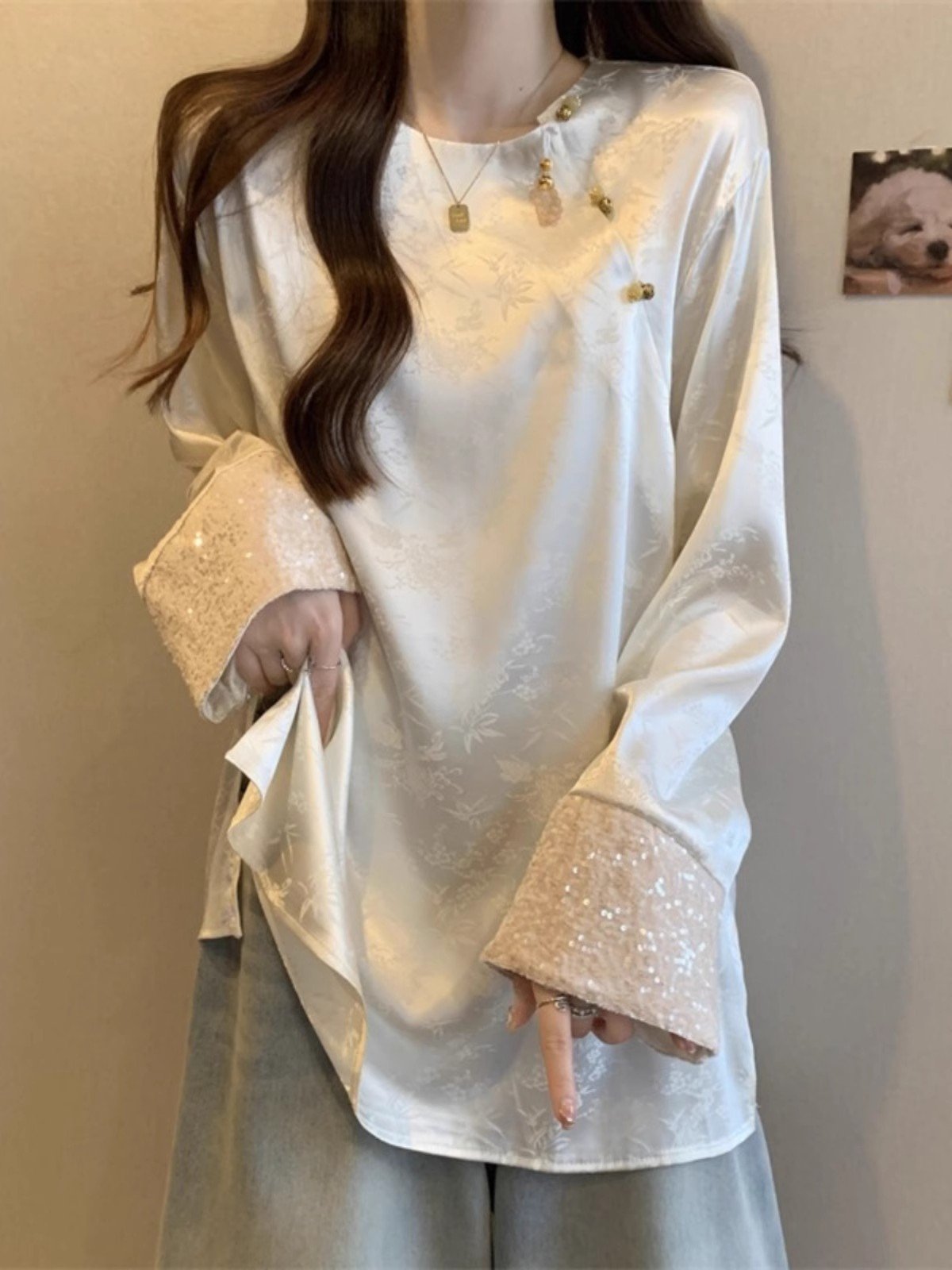 新中式国风醋酸提花缎面衬衫女春秋季中长款