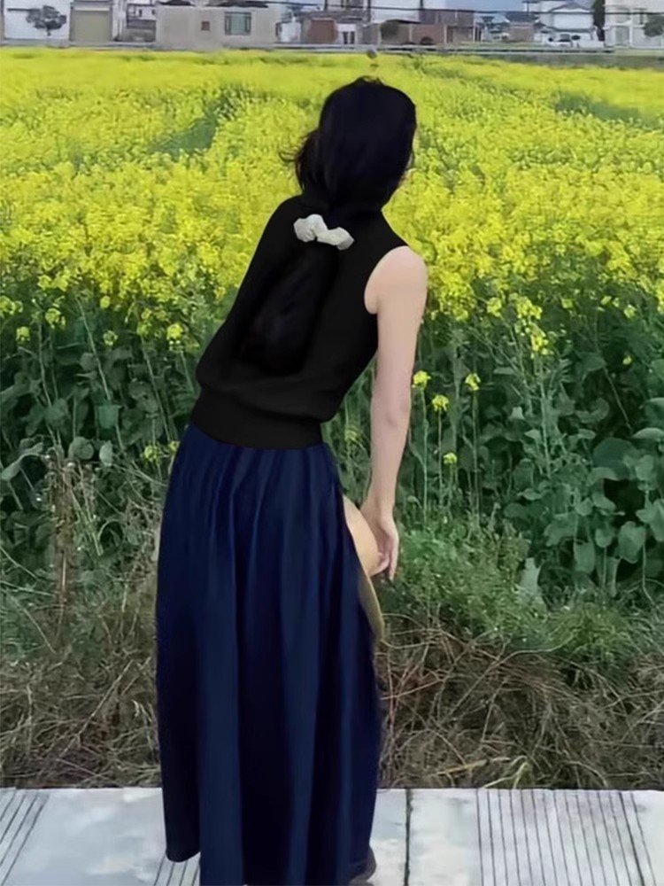 黑色冰丝坎肩POLO衫针织短款无袖背心t