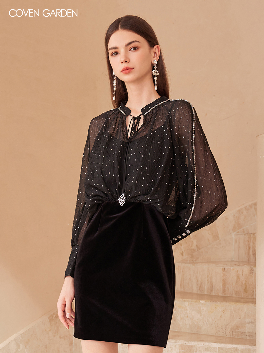 哥文花园春秋轻薄烫金波点小黑裙网纱连衣裙