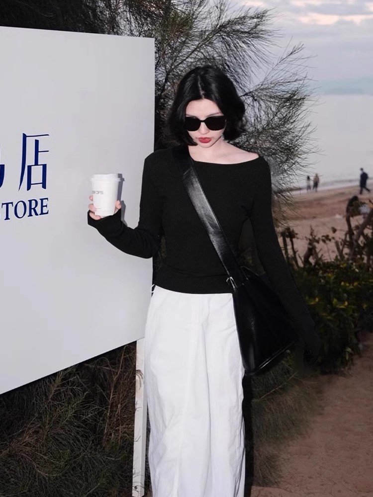 法式别致黑色大领口长袖t恤女春秋季修身显