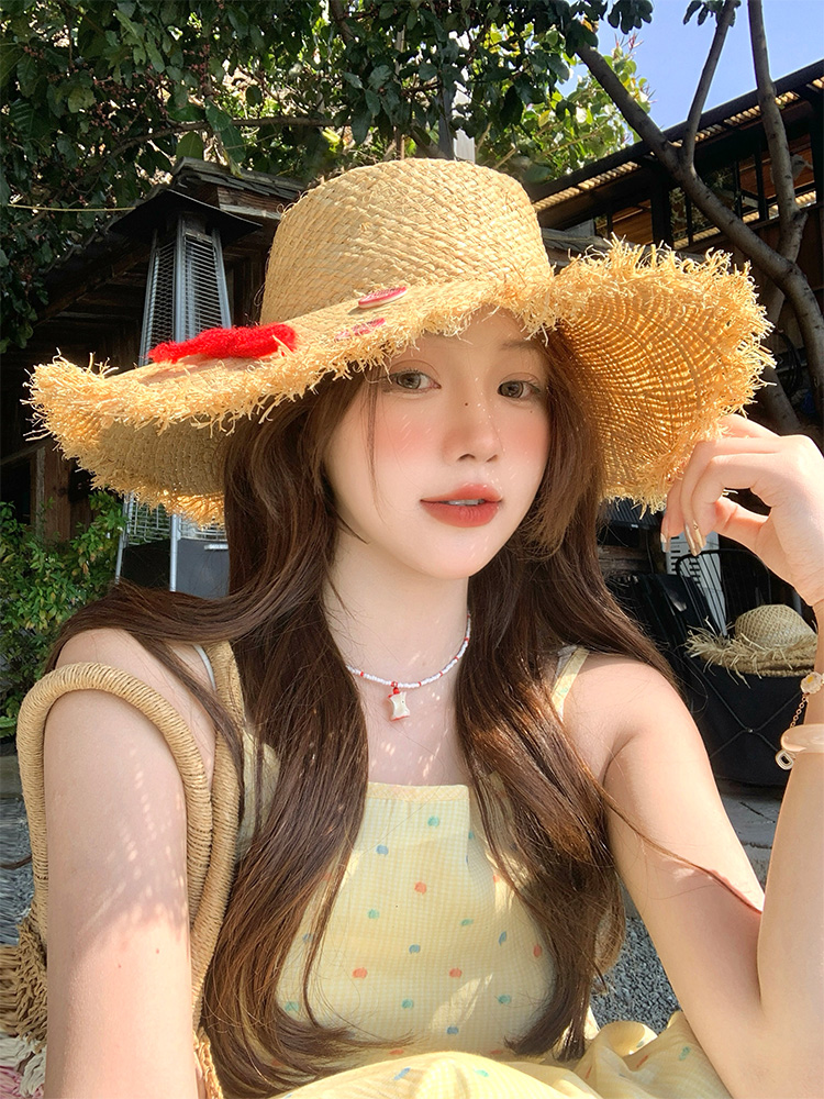 夏季度假风防晒 法式编织拉菲平顶草帽！
