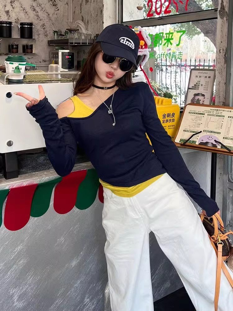 美式复古藏蓝色斜肩假两件长袖t恤女春秋季