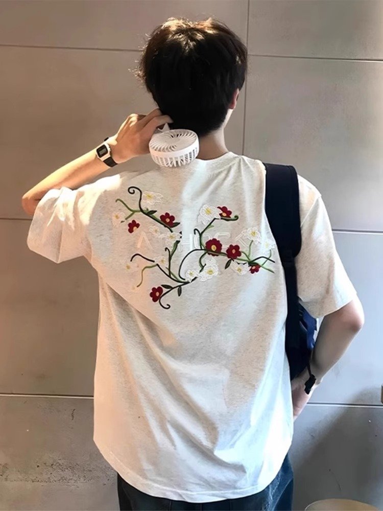 花灰色花卉刺绣短袖男款夏季美式高街重磅圆