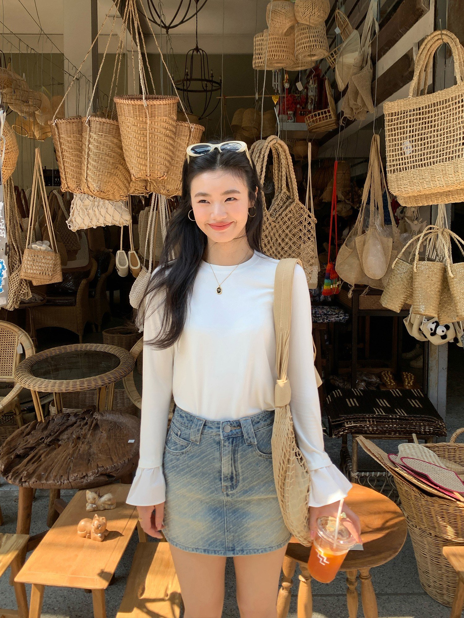 pusumede拼接喇叭袖针织t恤女