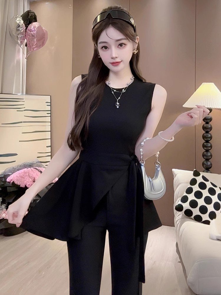 小个子粉色不规则飘带无袖背心坎肩上衣女夏