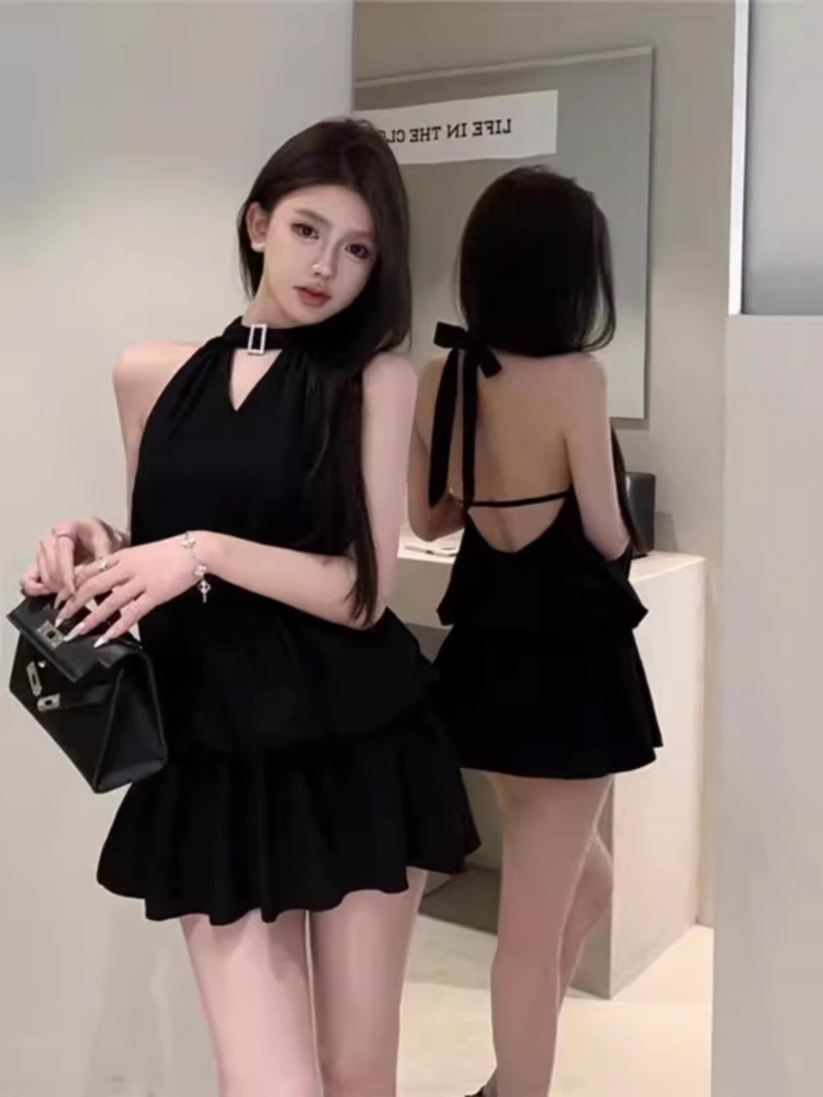 纯欲性感黑色挂脖露背连衣裙女夏季小个子