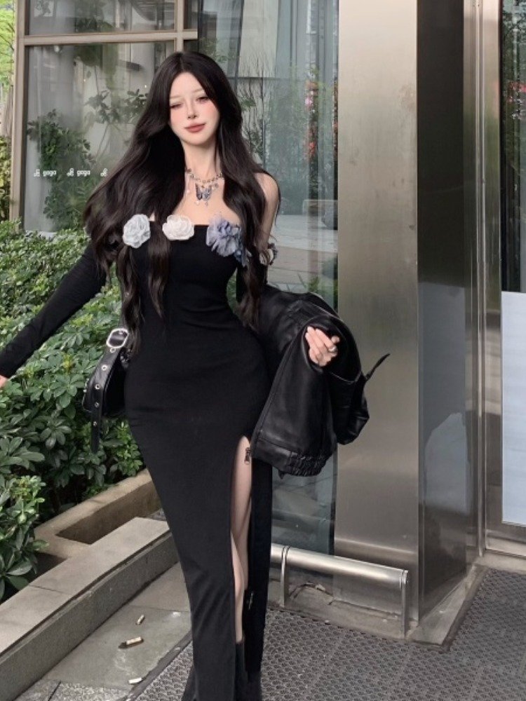 法式气质黑色一字肩连衣裙女早秋