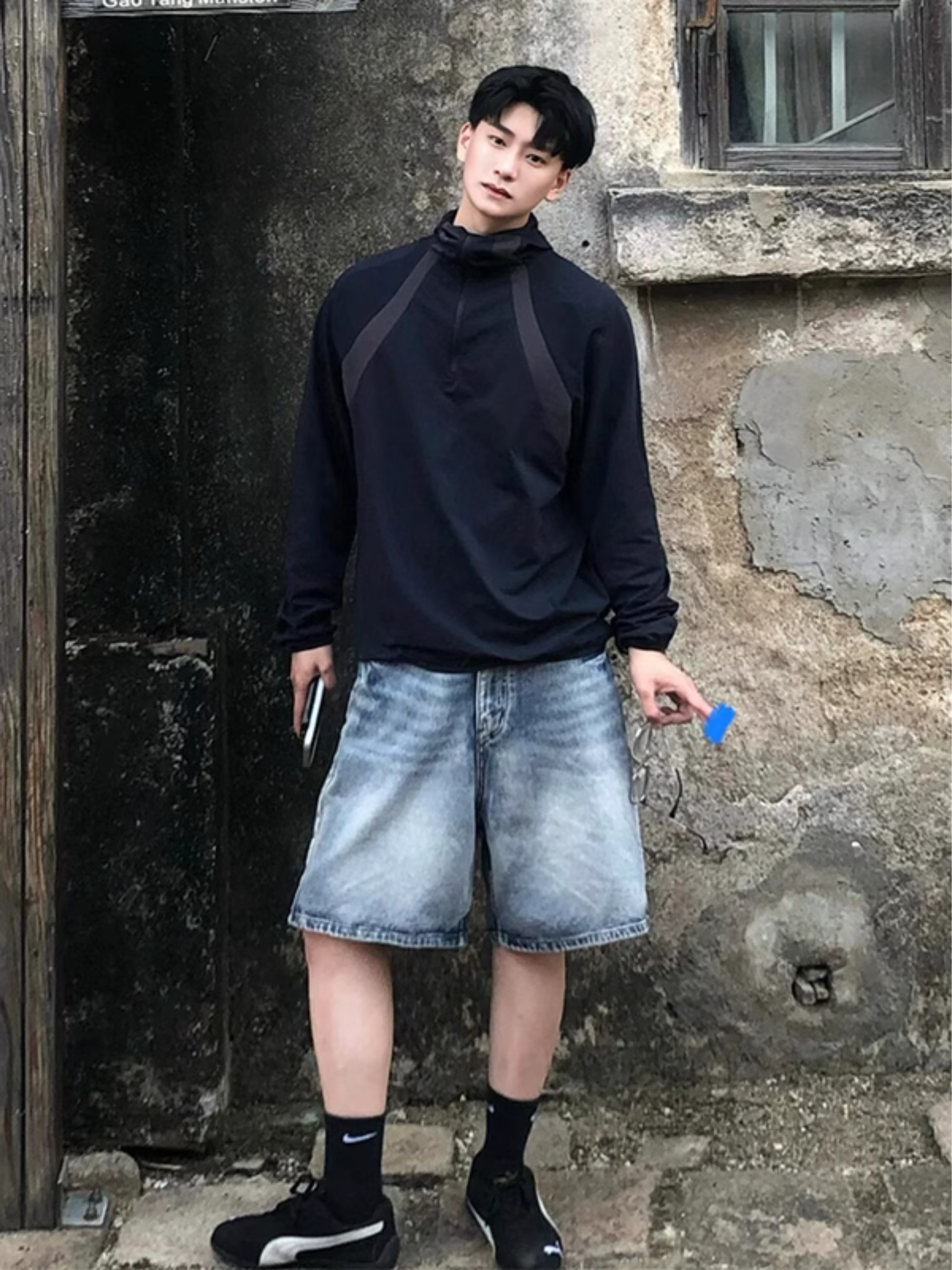星空纹蓝色牛仔短裤男款夏季美式高街痞帅直