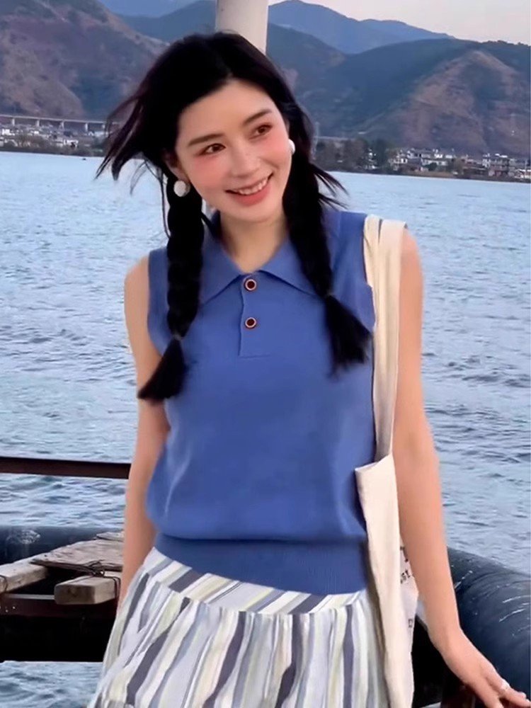 春季蓝色无袖POLO打底衫内搭可外穿上衣