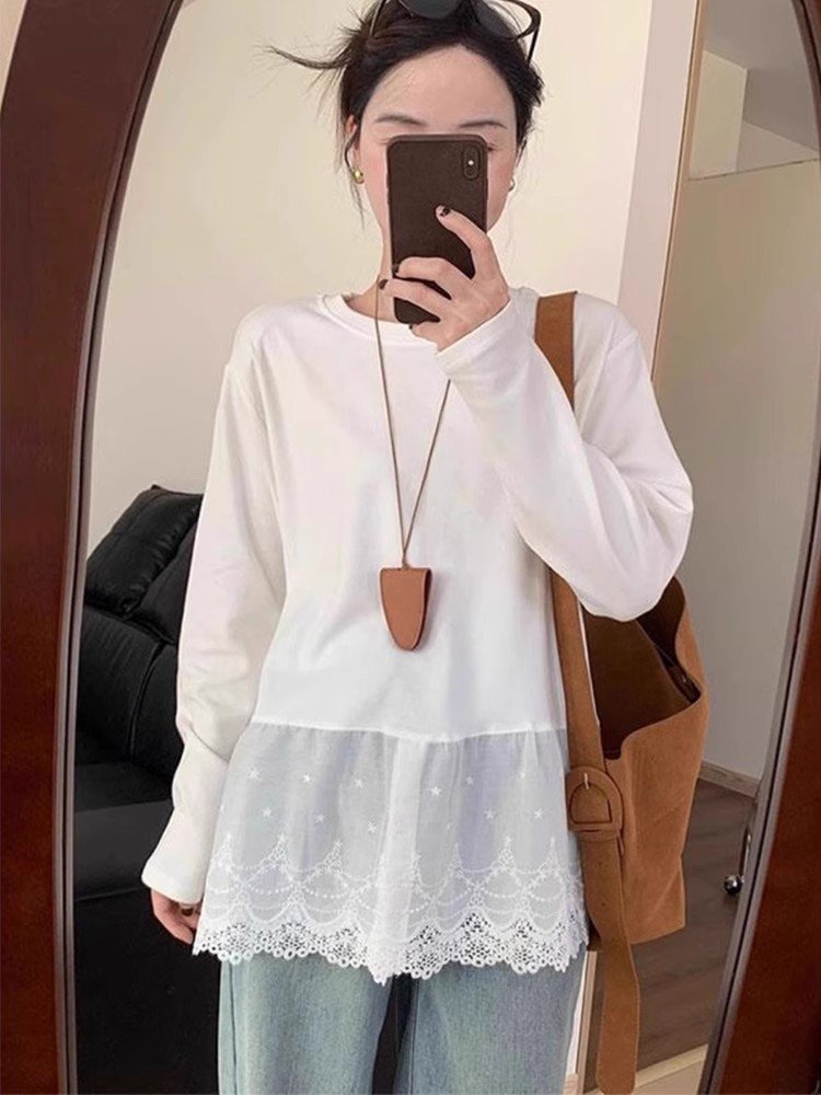 蕾丝花边开叉打底衫女装2025春季新款宽