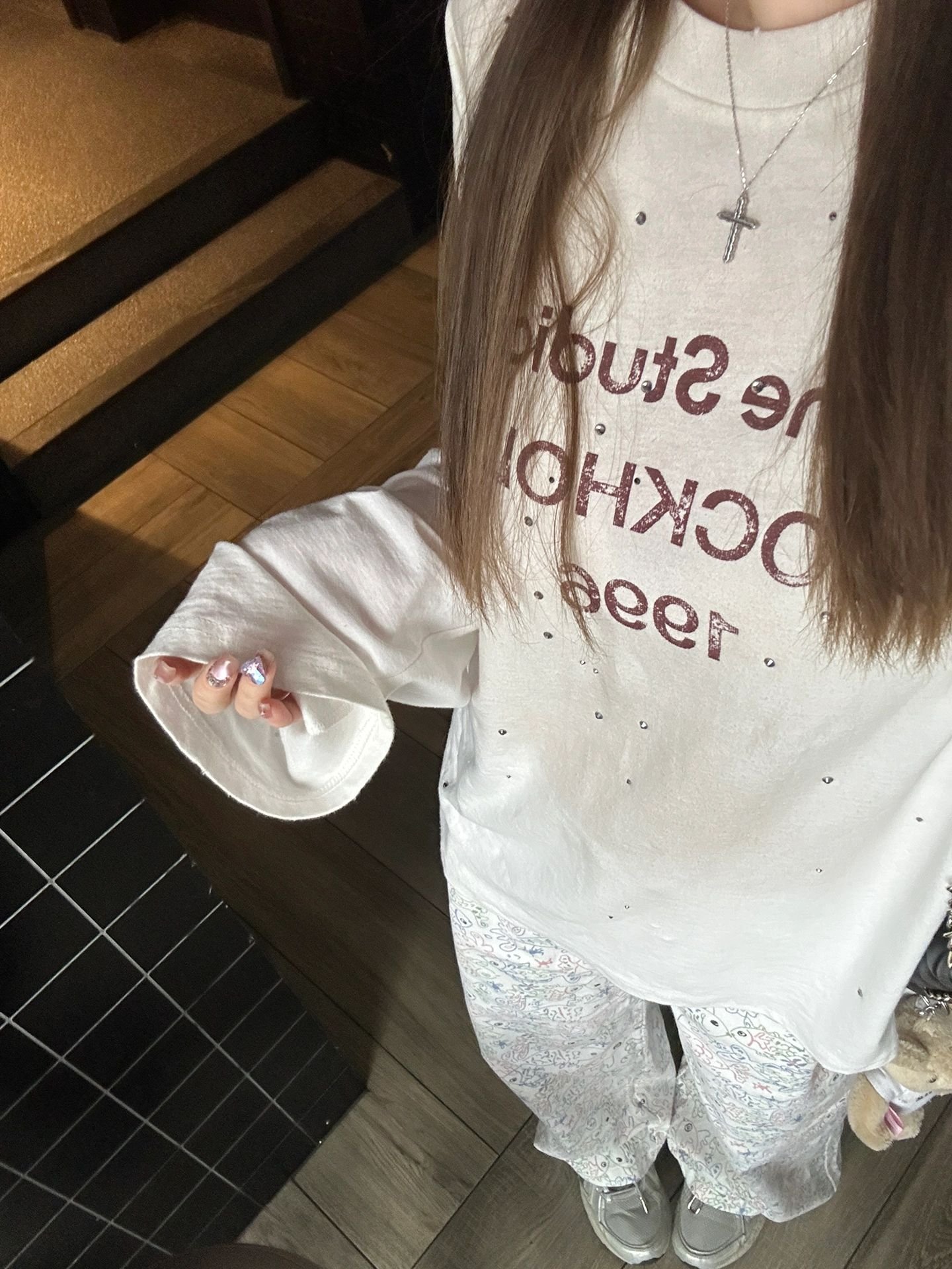 美式复古白色印花长袖t恤女早春季独特超好