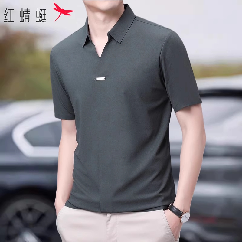 红蜻蜓桑蚕丝polo衫男士V领半袖上衣夏