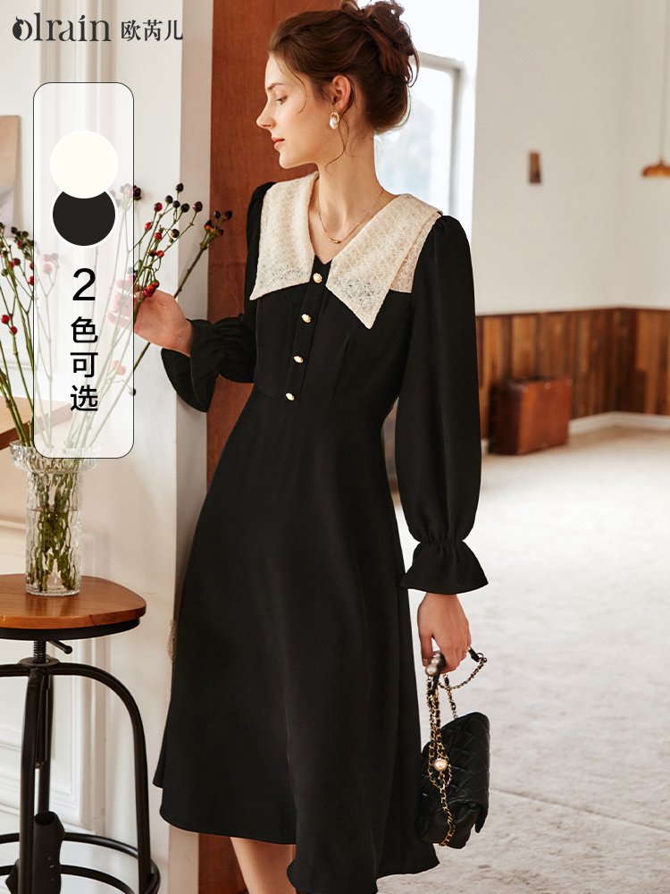 气质双色 拼接蕾丝V领连衣裙