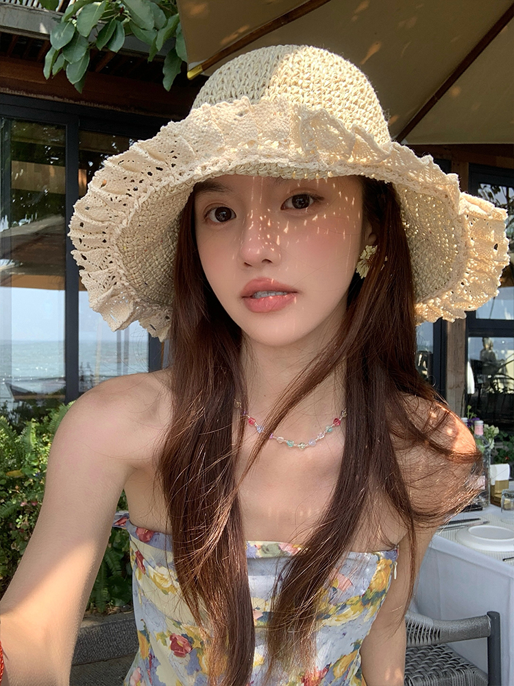 蕾丝花边镂空草帽，春夏季海边出游遮阳神器