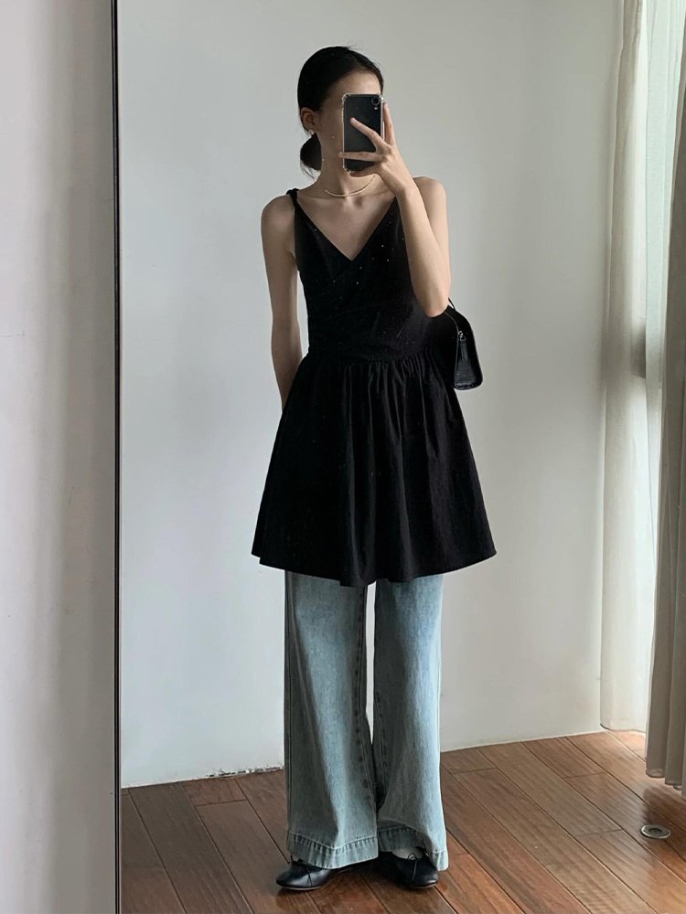 赫本风小个子黑色吊带连衣裙女新款