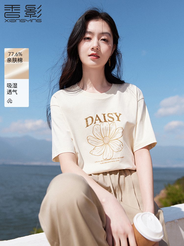 香影圆领字母t恤女短袖