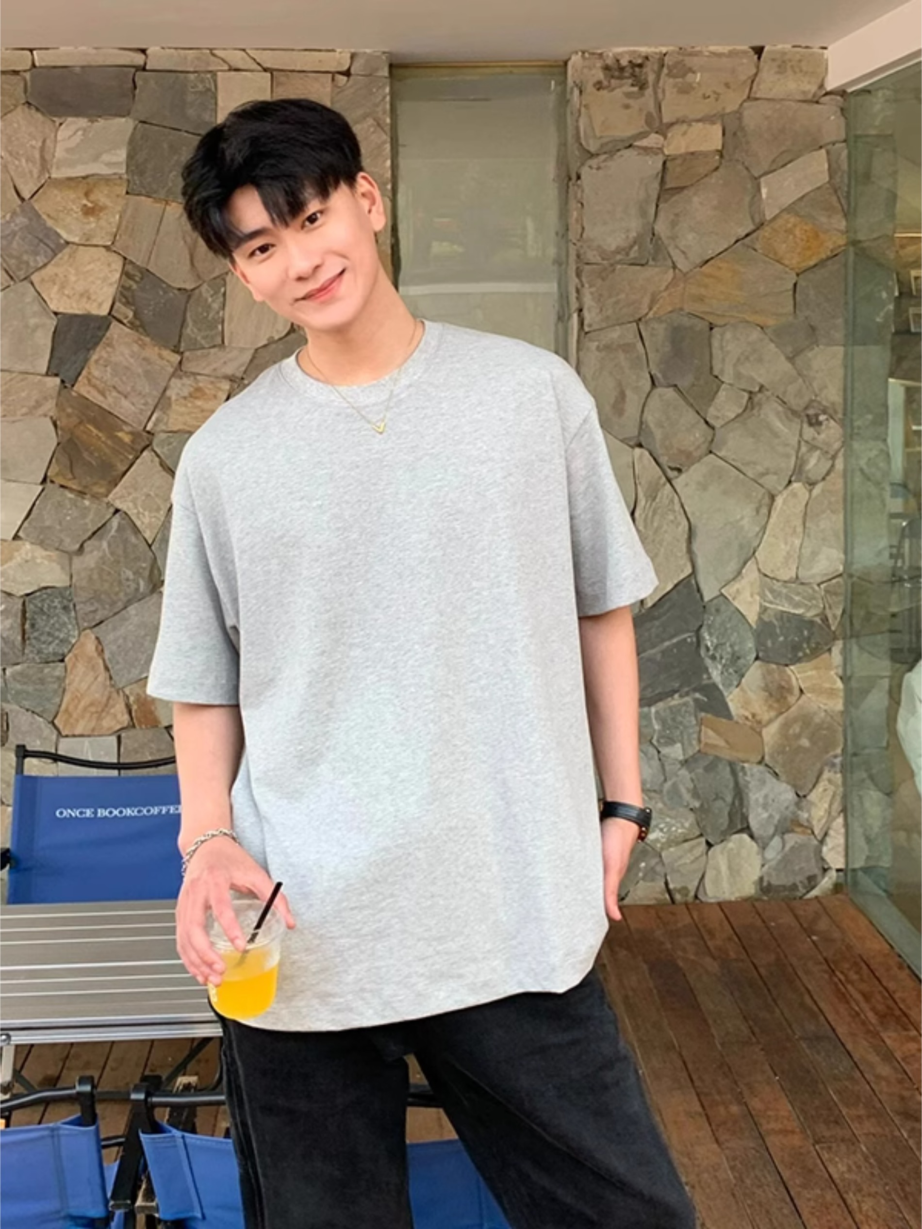 浅灰色小领口短袖男夏季美式正肩半袖t恤2