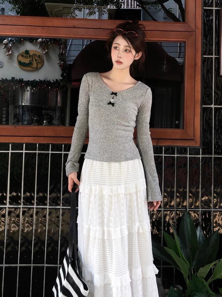 早春韩系内搭灰色v领长袖t恤小个子修身短