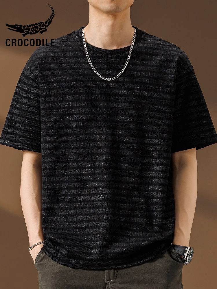 鳄鱼恤破洞短袖横条纹圆领t恤男