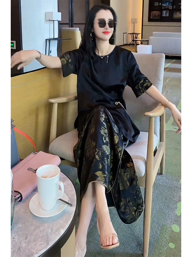 高级感醋酸缎面国风印花连衣裙套装