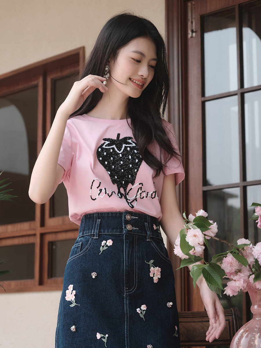 丝光长绒棉白色纯棉短袖T恤女珠片