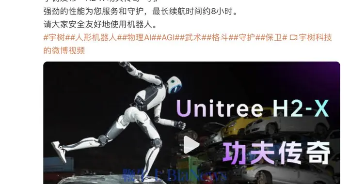 宇树科技发布人形机器人「H2-X 功夫传奇」