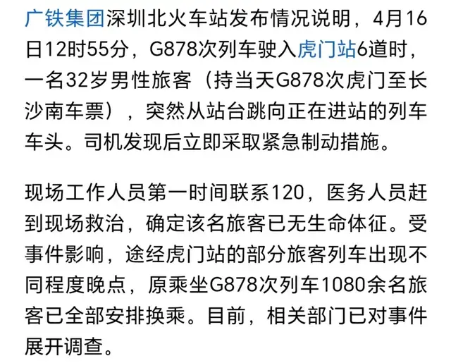 突发！虎门高铁乘客坠入股道，导致部分列车晚点，死亡原因调查中